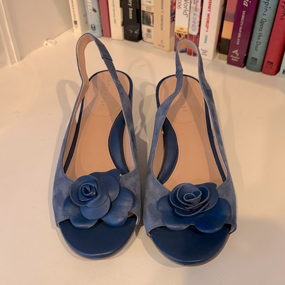 Taryn Rose designer Slingbacks  with Floral Accent in luxurious blue suede.
